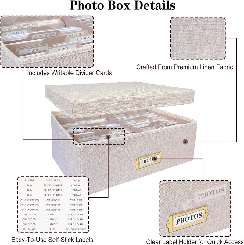Sprsthai Linen Photo Storage Box – Holds 1700 Photos, 24 Adjustable Dividers & 72 Labels Multi-Use Organizer for Photos, Envelopes, Recipes Beige - Image 4